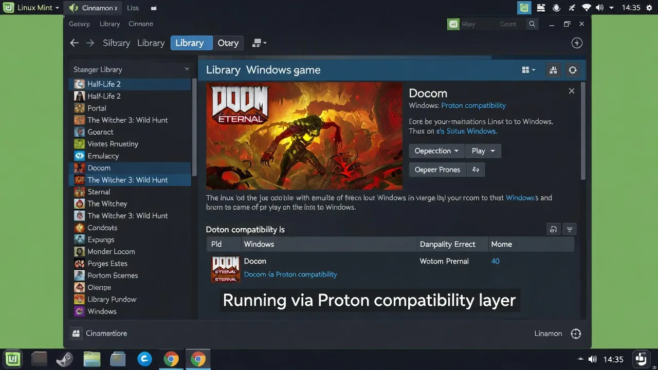 Steam gaming library on Linux Mint showing Proton compatibility