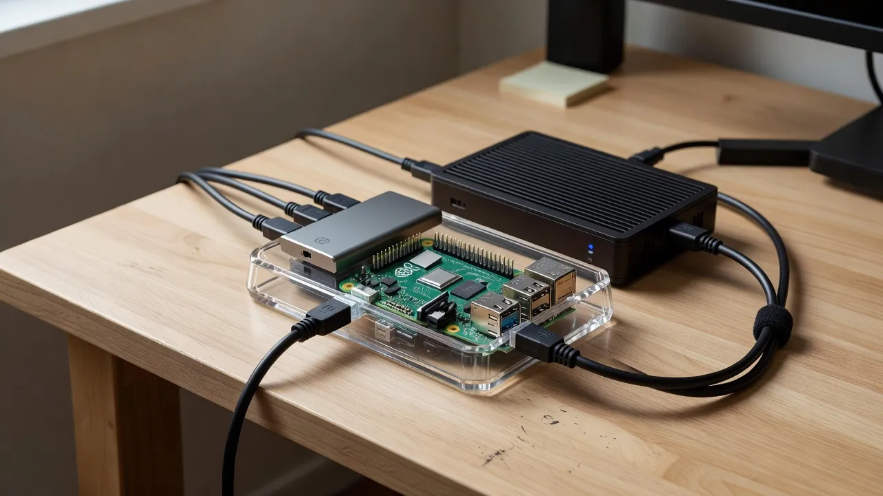 Raspberry Pi 4 connected to external drives as a home server on a desk