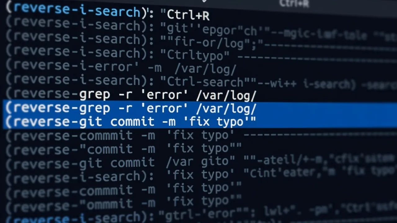 Terminal showing Ctrl+R reverse history search with a command highlighted in blue