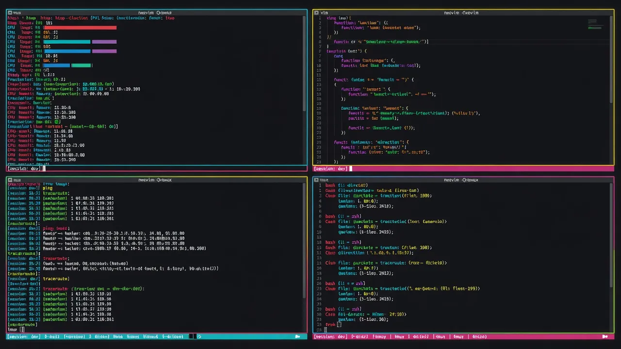 Multiple tmux panes showing different processes running simultaneously