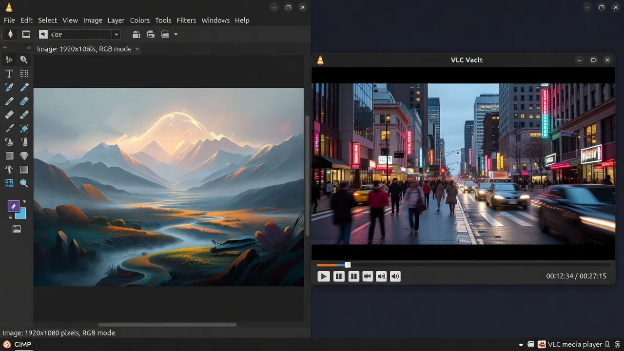 GIMP and VLC running side by side on a Linux desktop with dark theme