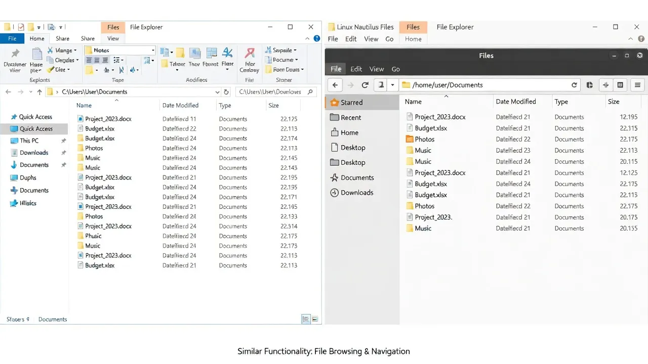 Windows File Explorer next to Linux Nautilus file manager showing similar functionality
