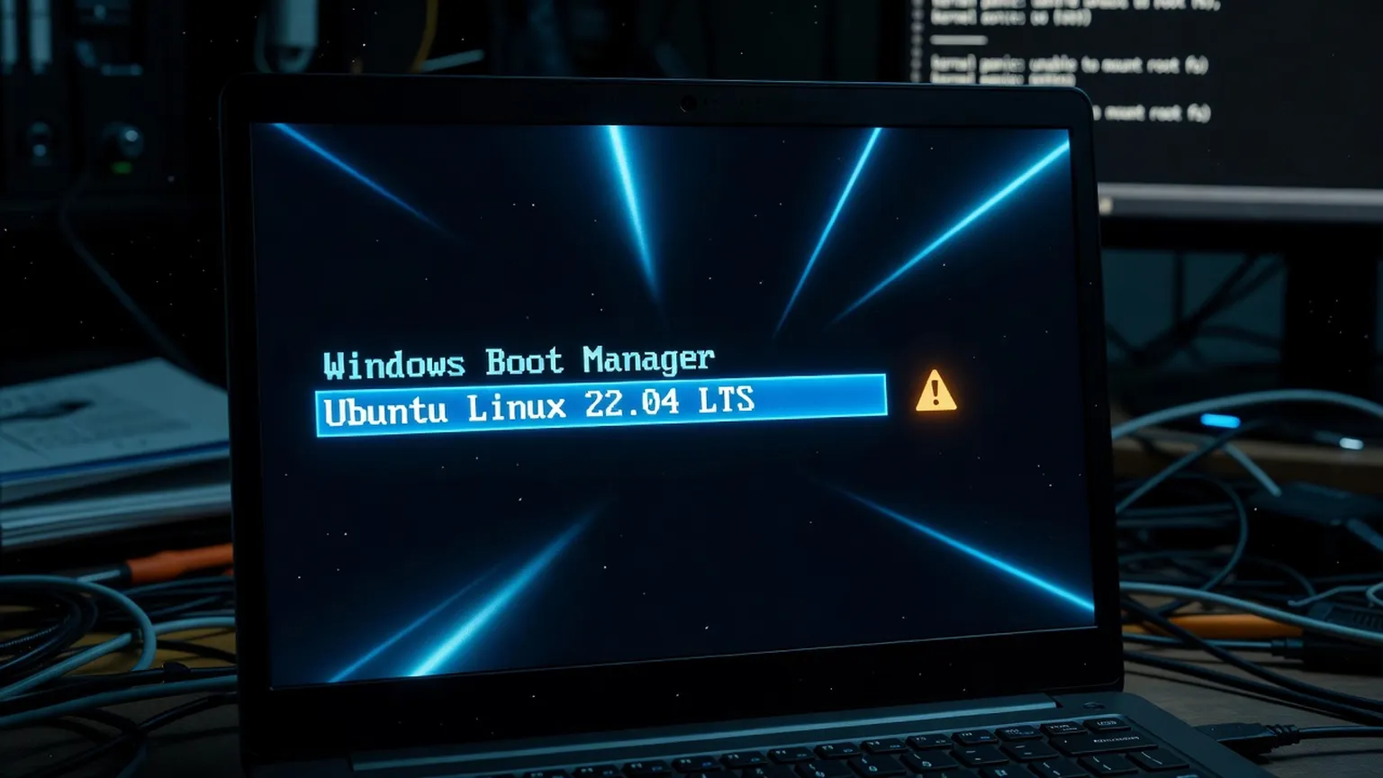 Laptop screen showing a GRUB boot menu with Linux and Windows entries