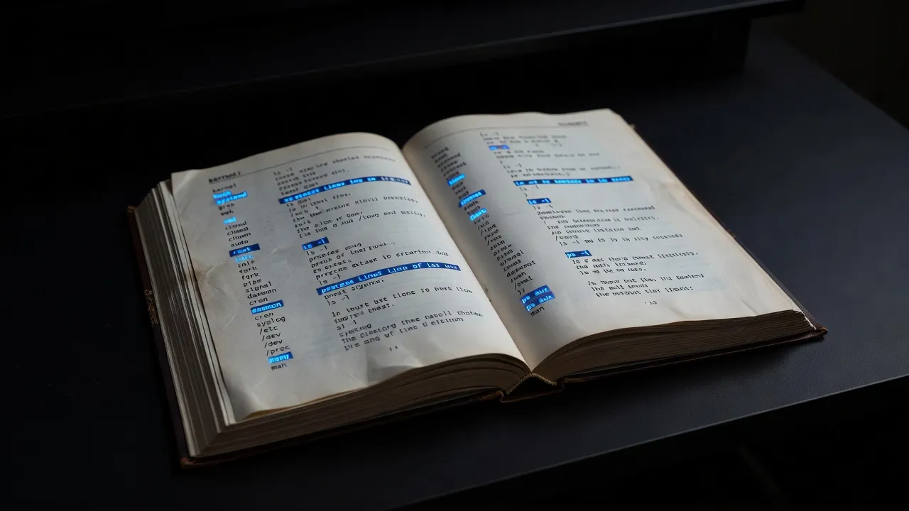 Dictionary page with Linux terms highlighted in blue