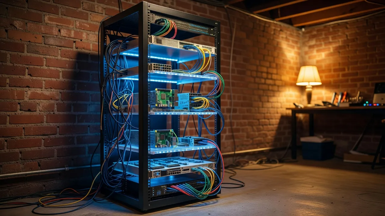 Raspberry Pi and mini PC servers stacked on a desk with green LED lights