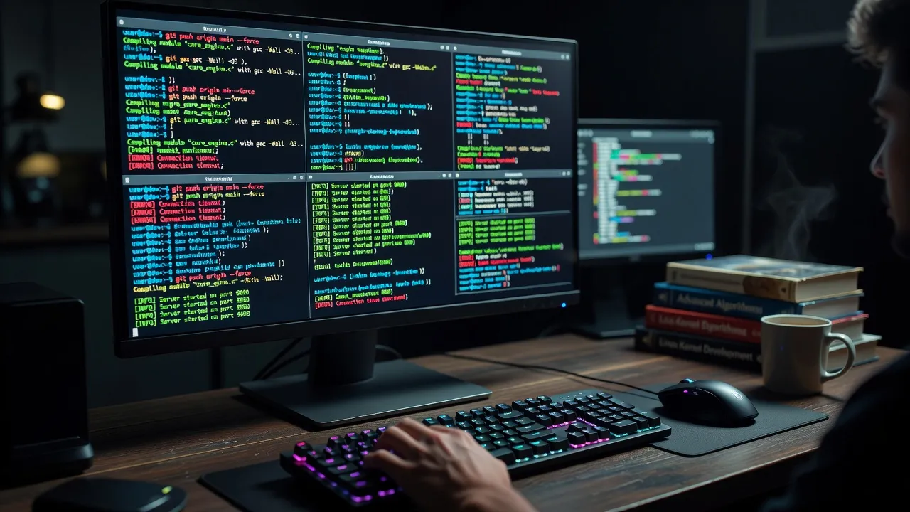 Dark terminal window with multiple command outputs glowing in blue