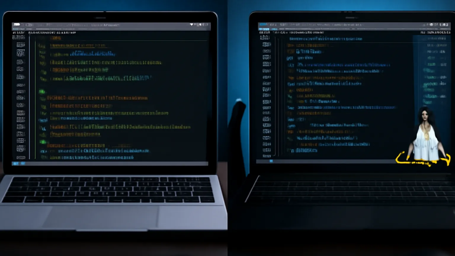 Laptop running a Linux desktop environment next to a code editor with terminal windows open