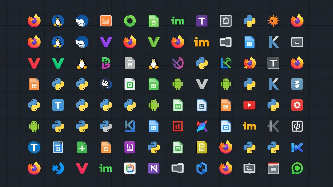 Grid of Linux application icons on a dark desktop