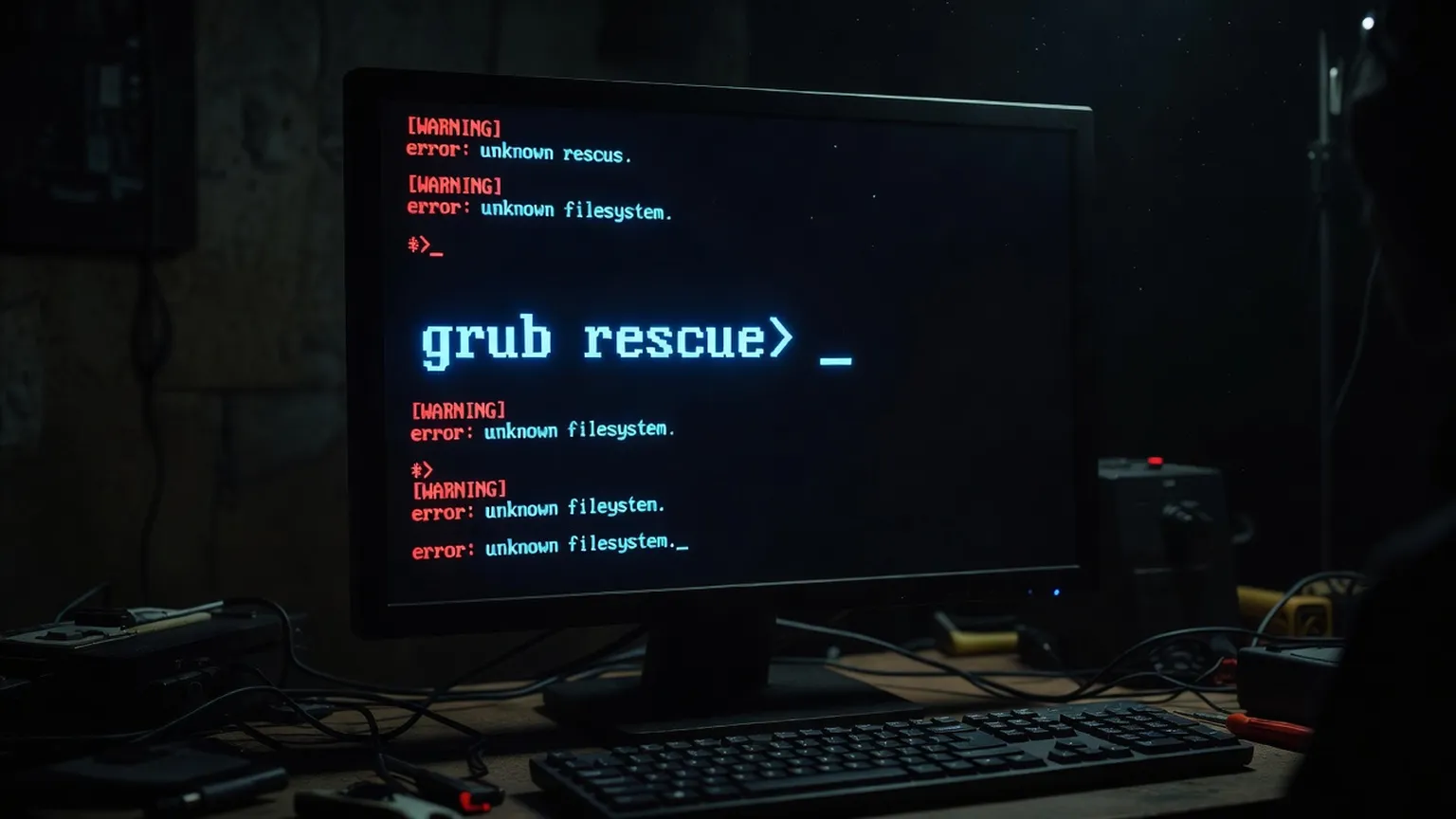 Terminal screen showing a GRUB rescue prompt during Linux boot troubleshooting