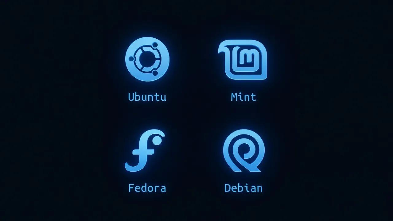 Linux distributions logos — Ubuntu, Fedora, Mint, Debian comparison