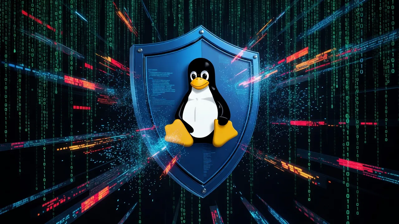 Lock and shield icons over a Linux terminal prompt